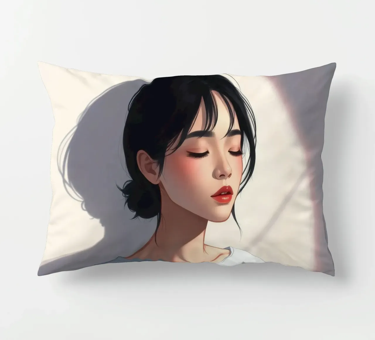 Portrait of a woman with closed eyes soft lighting decorative cushion by DesignDoodle