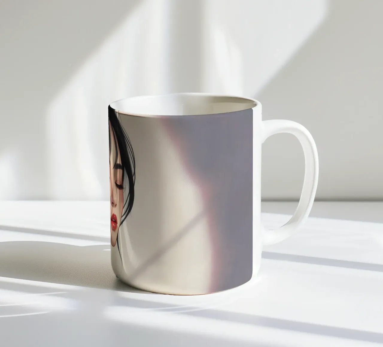 Portrait of a woman with closed eyes soft lighting ceramic mug by DesignDoodle