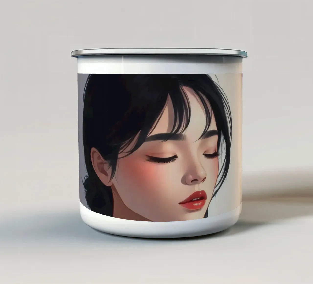 Ritratto di donna con occhi chiusi illuminazione morbida tazza in smalto da DesignDoodle