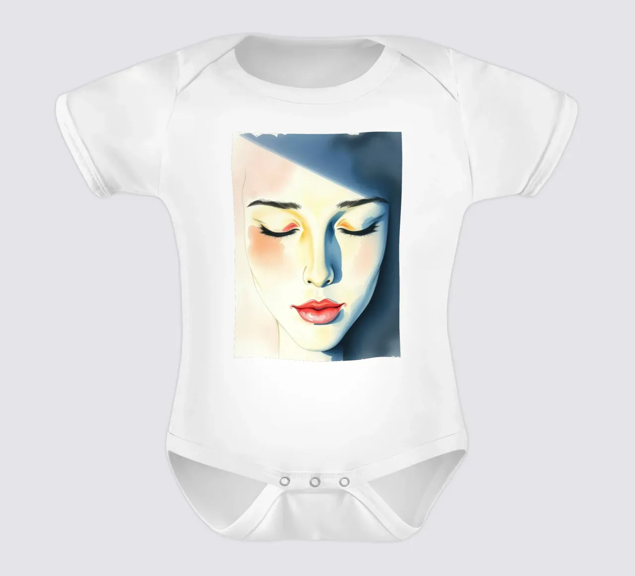 Artistic depiction of a female face with soft features short-sleeve baby romper by DesignDoodle