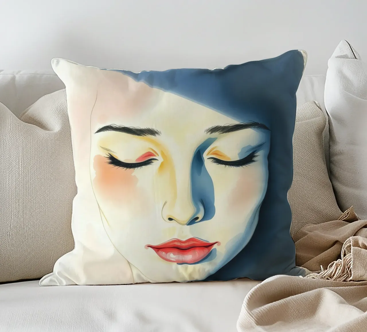 Artistic depiction of a female face with soft features decorative cushion by DesignDoodle