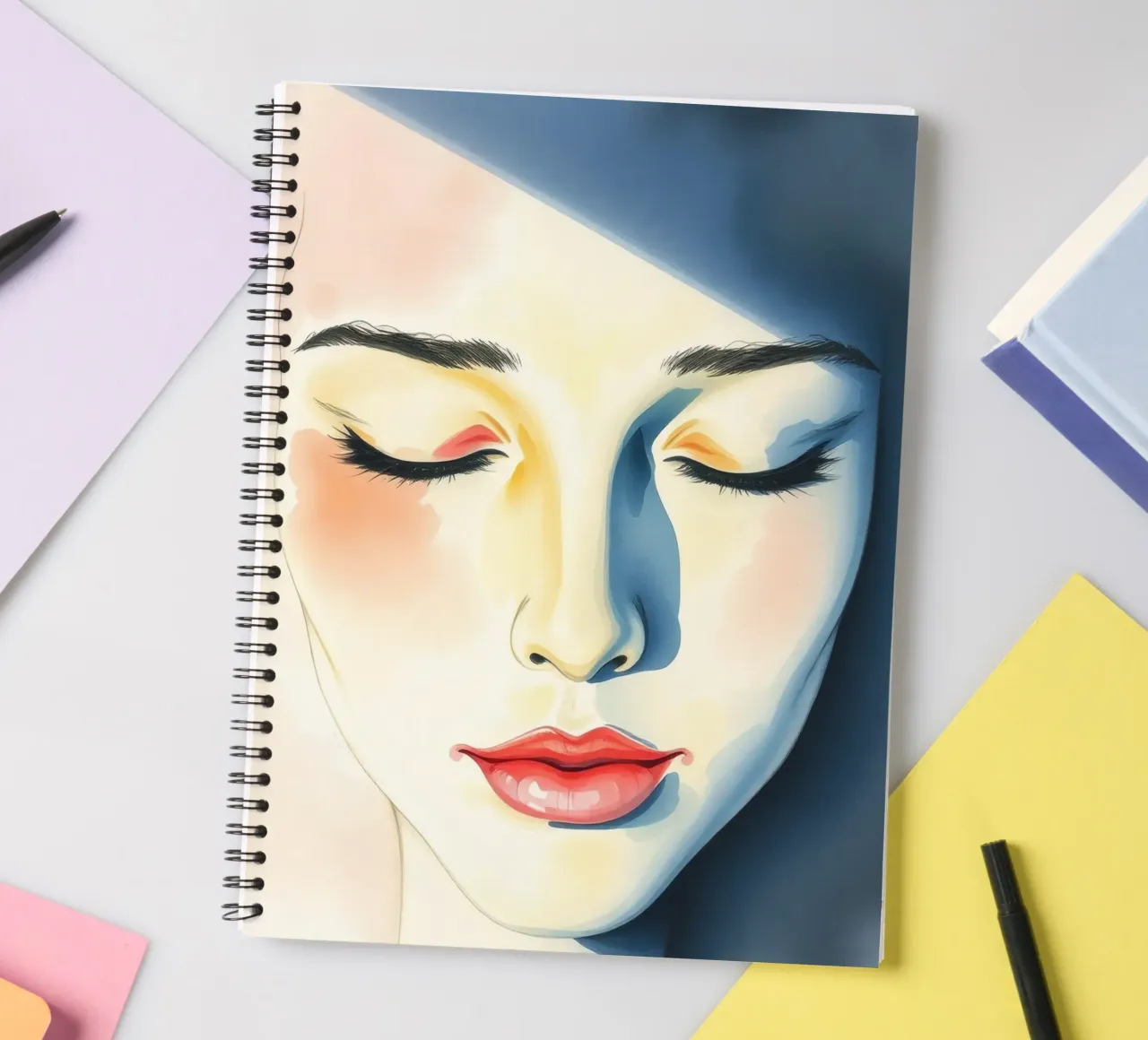 Artistic depiction of a female face with soft features spiral notebook by DesignDoodle
