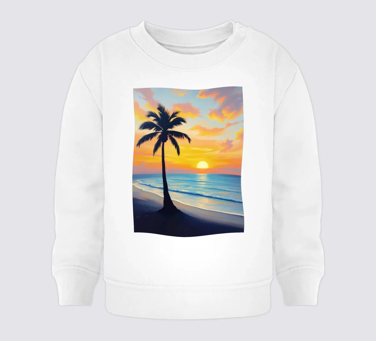 Tramonto sull'oceano con una palma solitaria sulla spiaggia felpa neonato da DesignDoodle