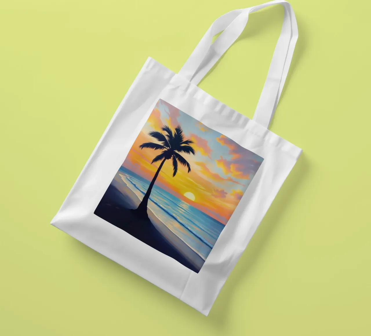 Sunset over the ocean with a lone palm tree on a beach tote bag by DesignDoodle