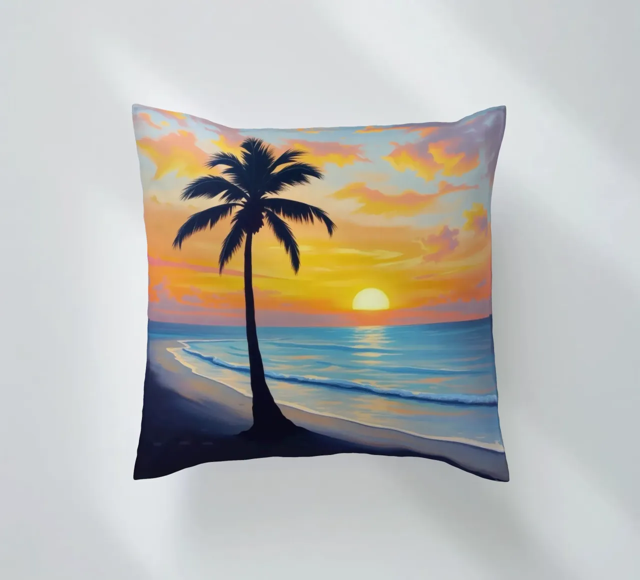 Sunset over the ocean with a lone palm tree on a beach decorative cushion by DesignDoodle