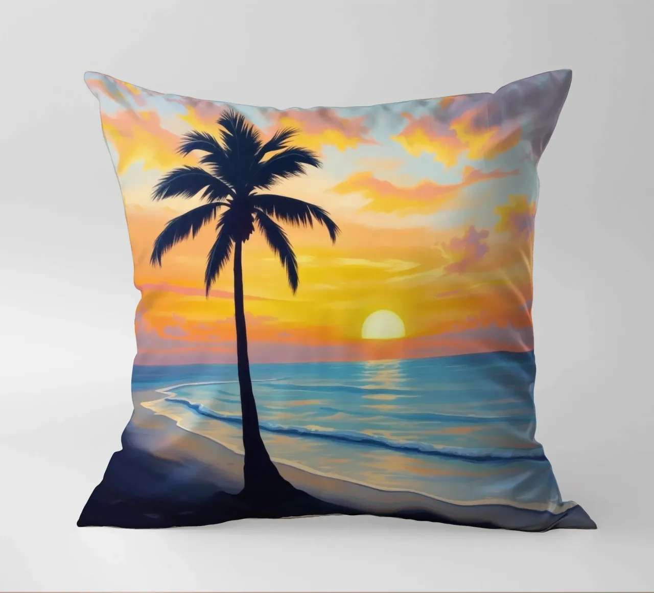 Sunset over the ocean with a lone palm tree on a beach decorative cushion by DesignDoodle