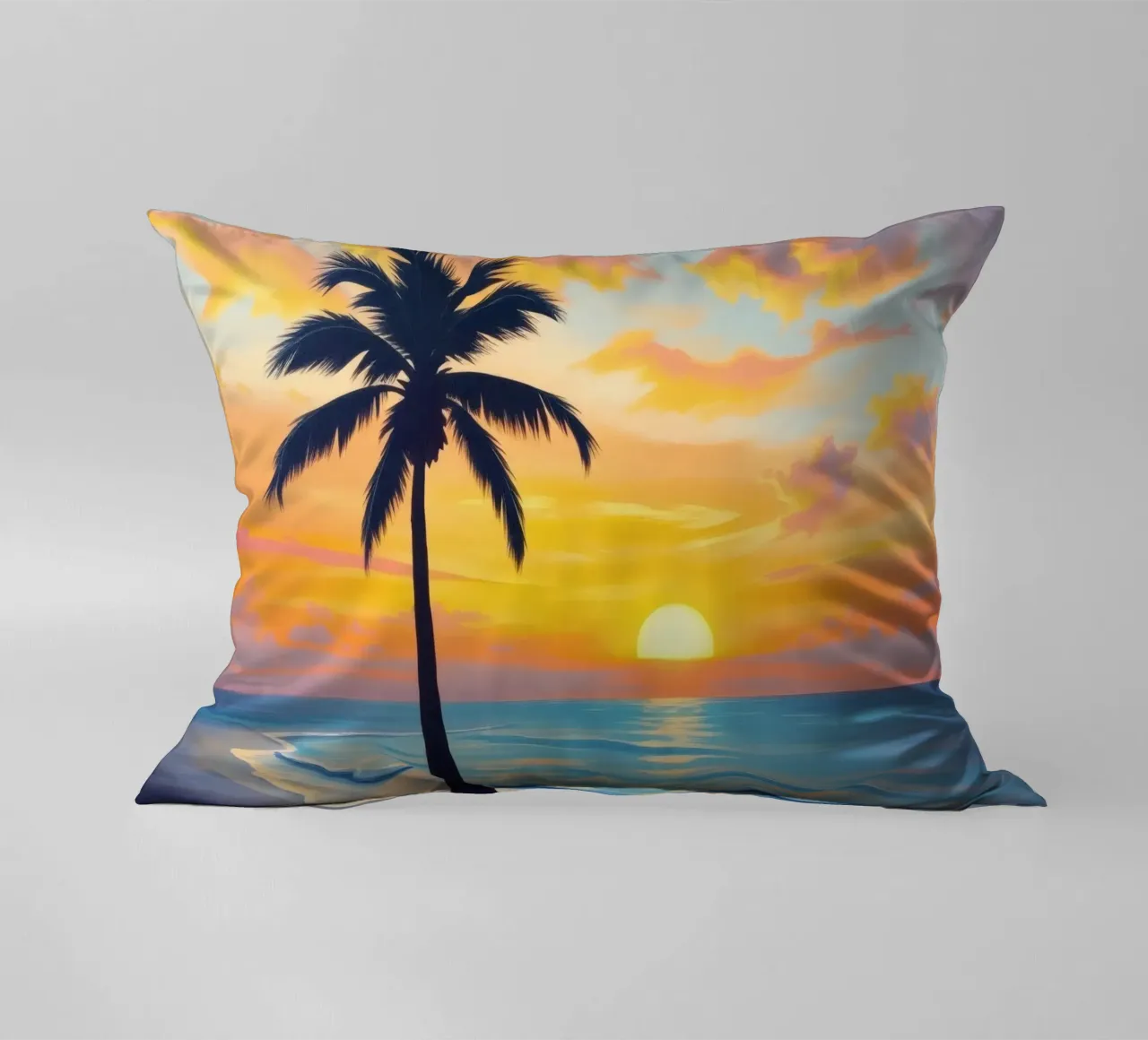 Sunset over the ocean with a lone palm tree on a beach decorative cushion by DesignDoodle