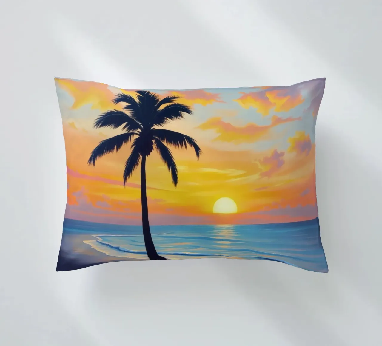 Sunset over the ocean with a lone palm tree on a beach decorative cushion by DesignDoodle