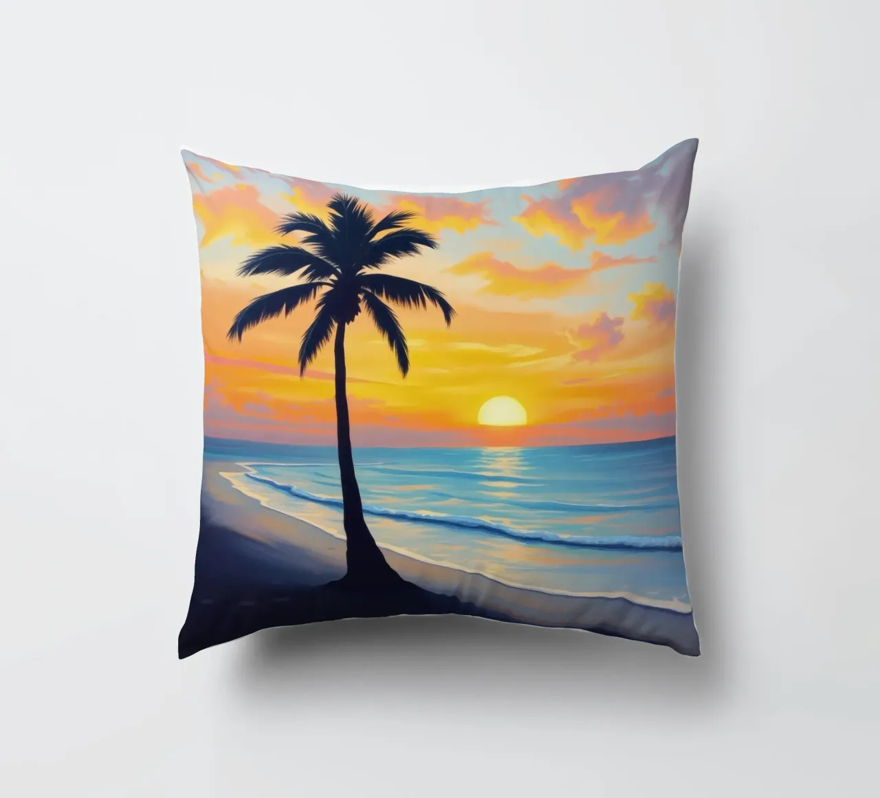 Sunset over the ocean with a lone palm tree on a beach decorative cushion by DesignDoodle