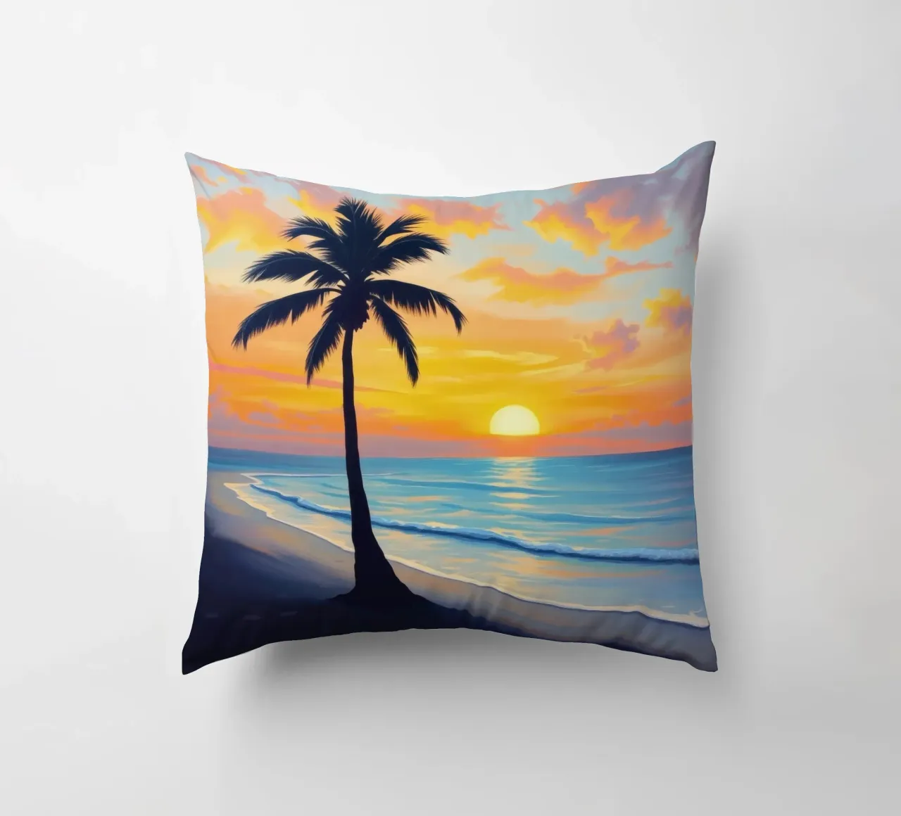 Sunset over the ocean with a lone palm tree on a beach decorative cushion by DesignDoodle