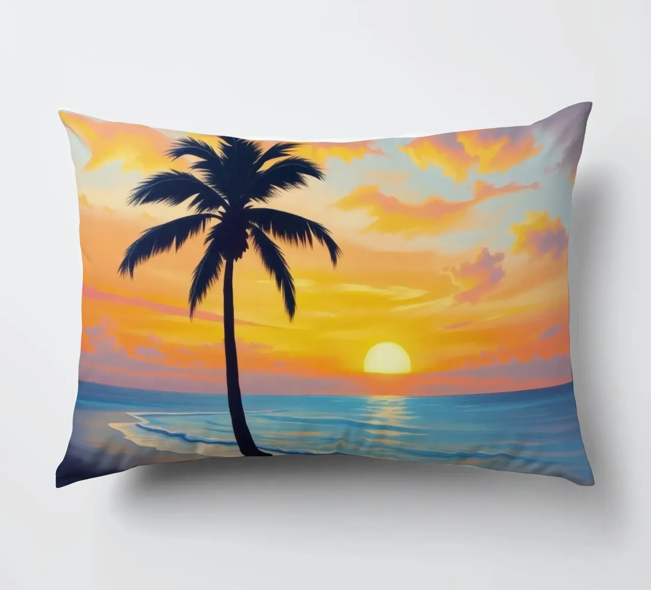 Sunset over the ocean with a lone palm tree on a beach decorative cushion by DesignDoodle