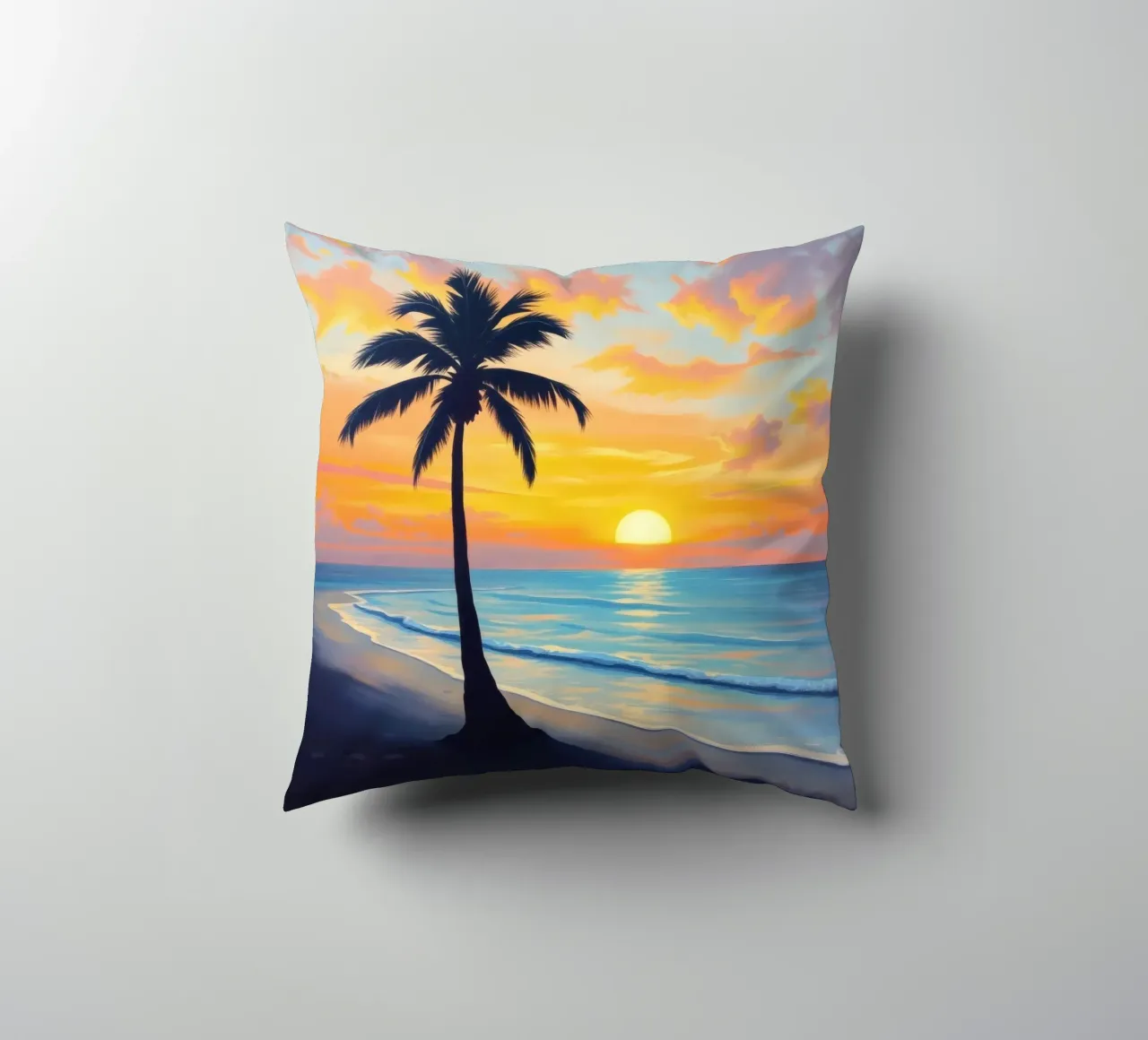 Sunset over the ocean with a lone palm tree on a beach decorative cushion by DesignDoodle