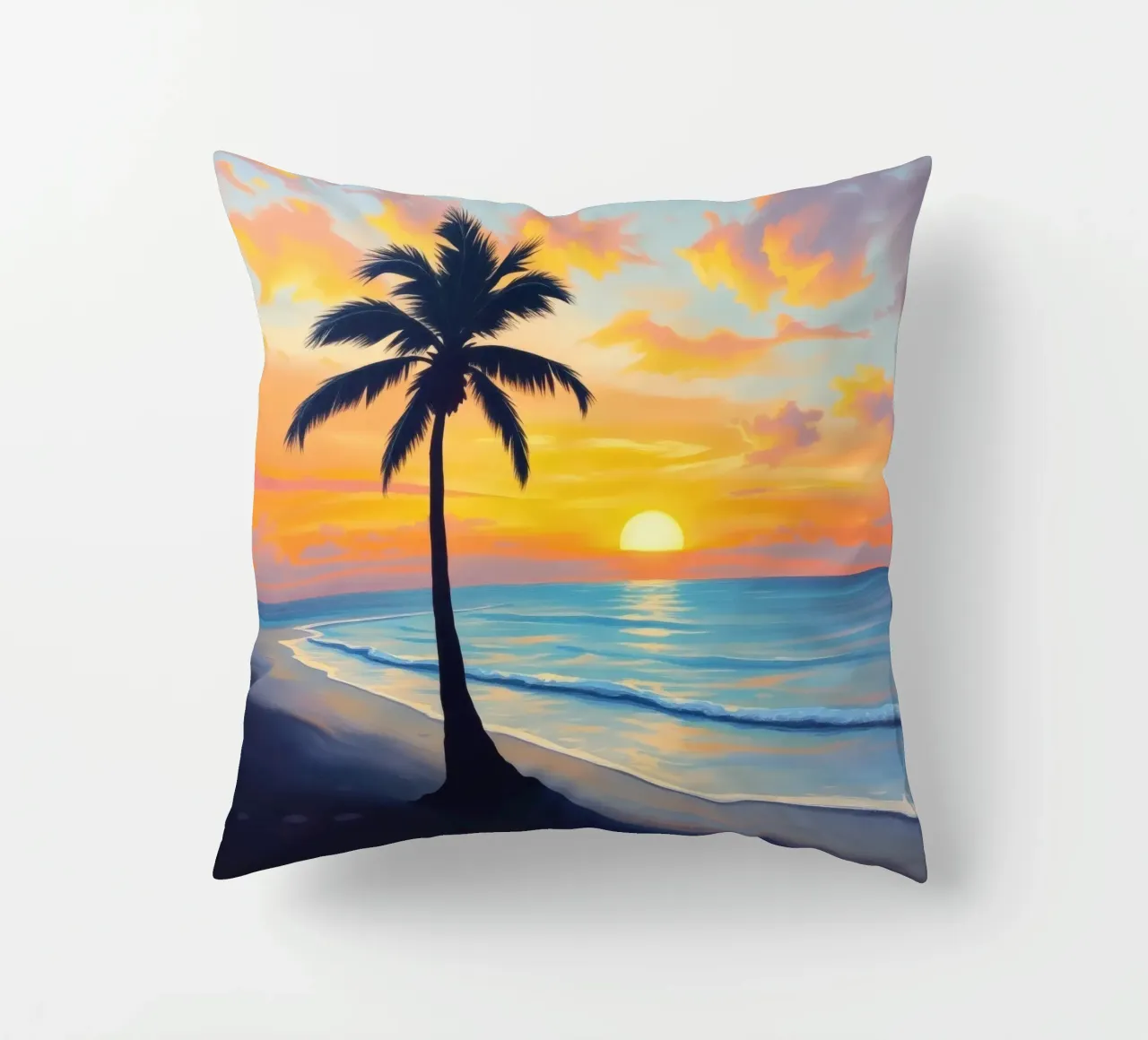Sunset over the ocean with a lone palm tree on a beach decorative cushion by DesignDoodle