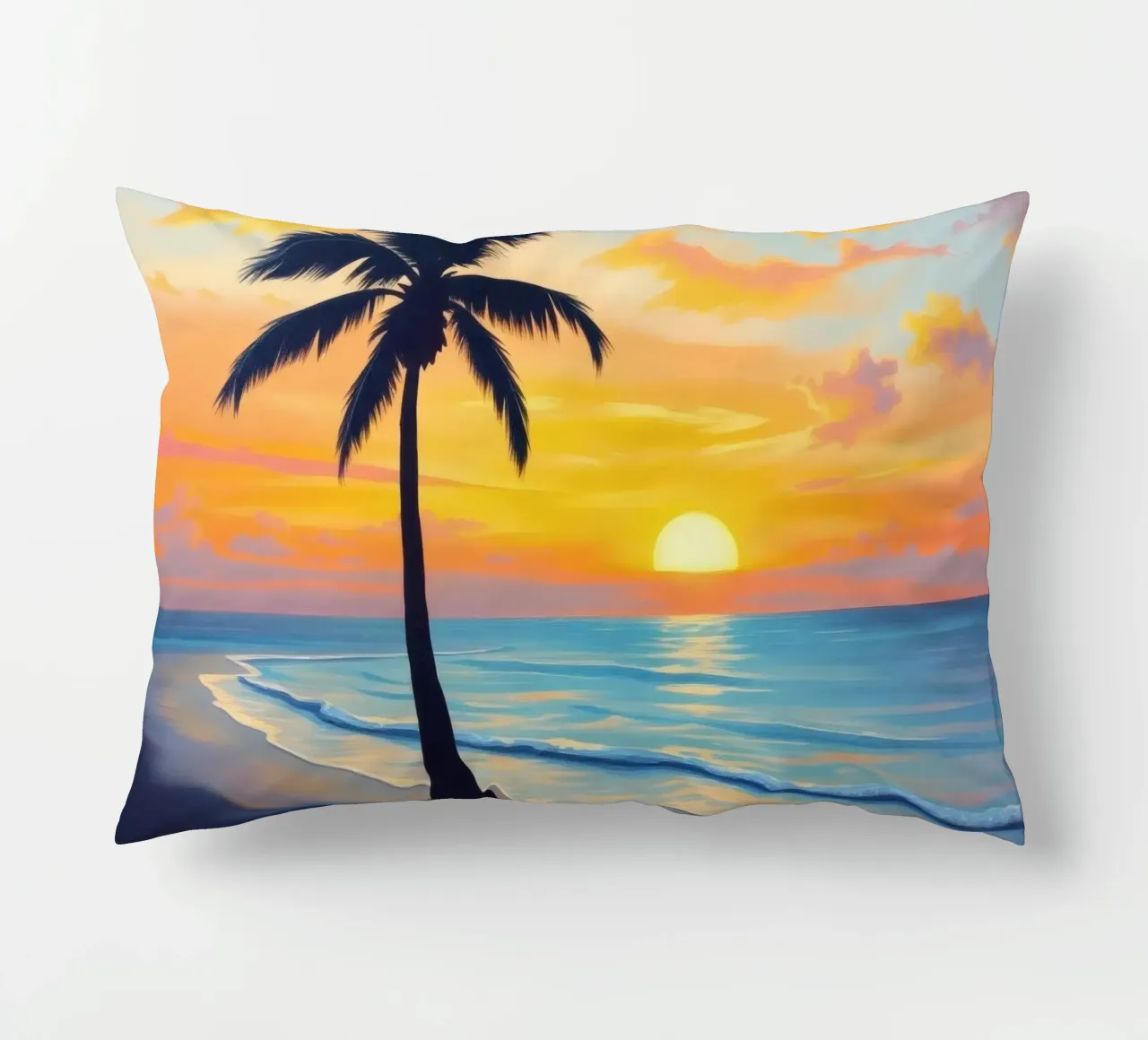 Sunset over the ocean with a lone palm tree on a beach decorative cushion by DesignDoodle