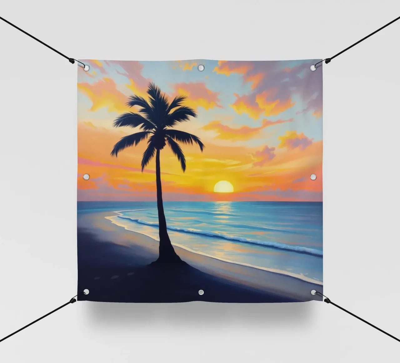 Tramonto sull'oceano con una palma solitaria sulla spiaggia telo in pvc da DesignDoodle