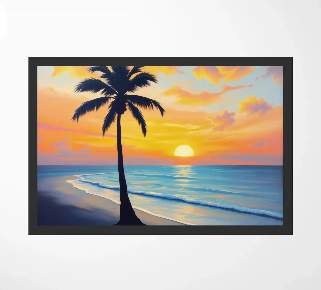 Sunset over the ocean with a lone palm tree on a beach doormat by DesignDoodle