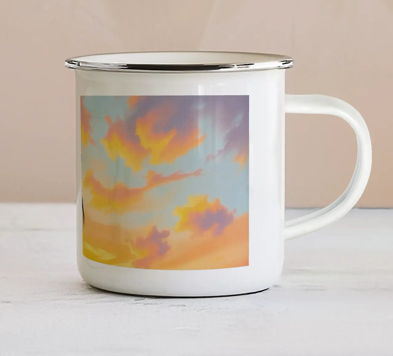 Sunset over the ocean with a lone palm tree on a beach enamel mug by DesignDoodle