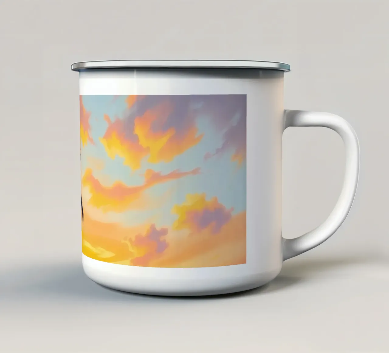 Sunset over the ocean with a lone palm tree on a beach enamel mug by DesignDoodle