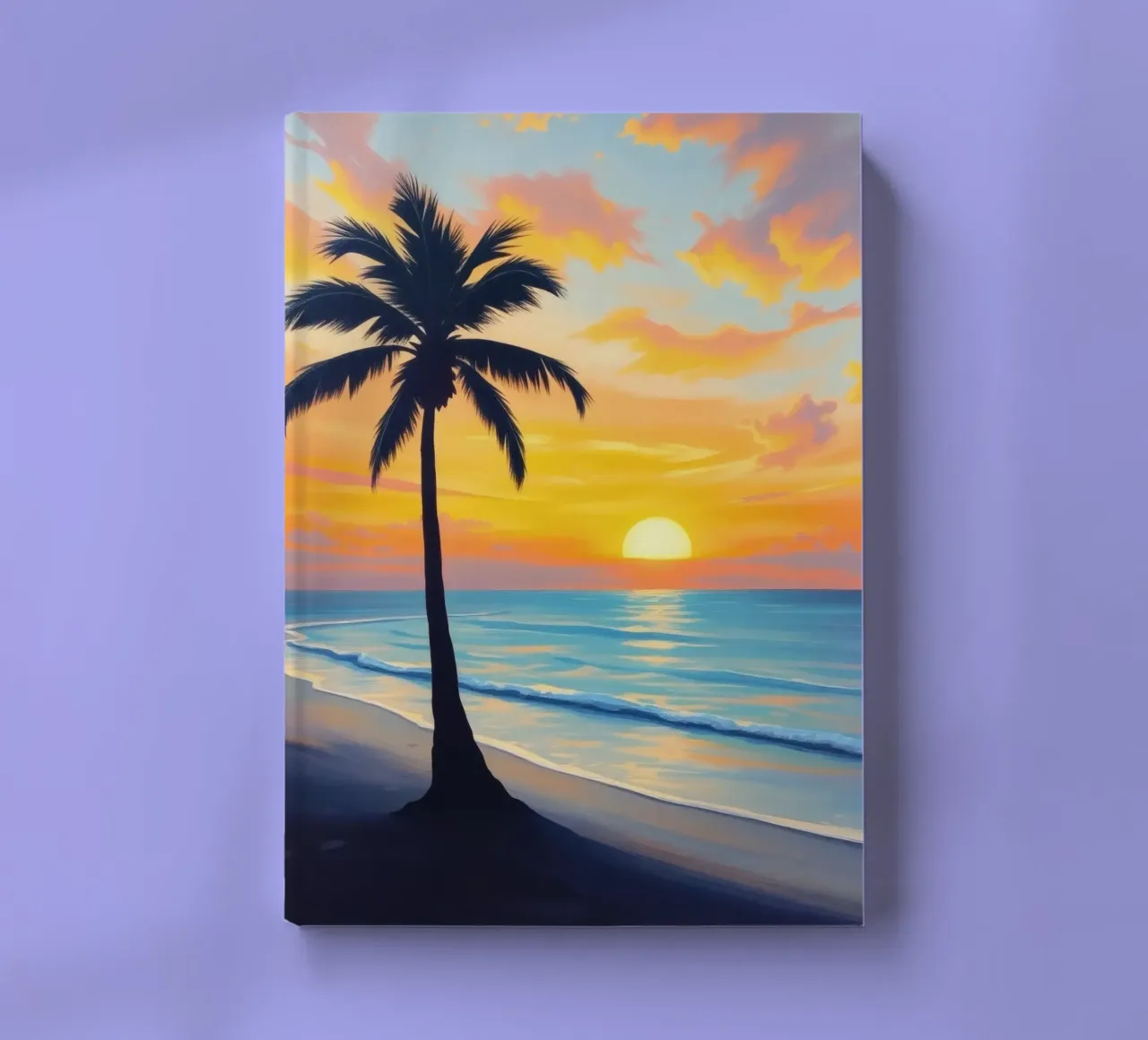 Sunset over the ocean with a lone palm tree on a beach notebook by DesignDoodle