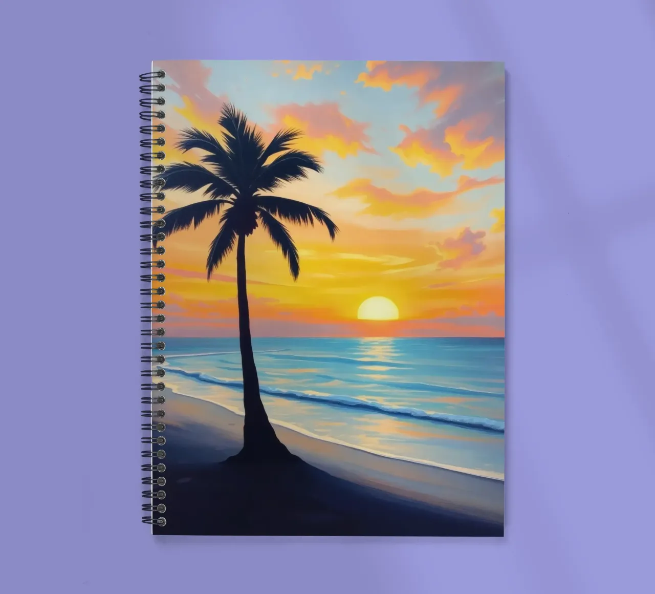 Sunset over the ocean with a lone palm tree on a beach spiral notebook by DesignDoodle