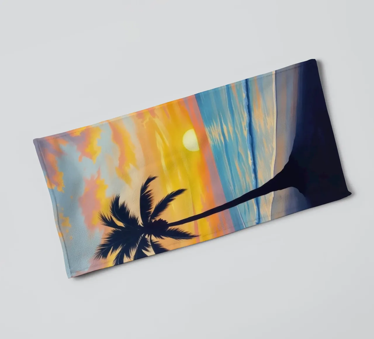Sunset over the ocean with a lone palm tree on a beach towel by DesignDoodle