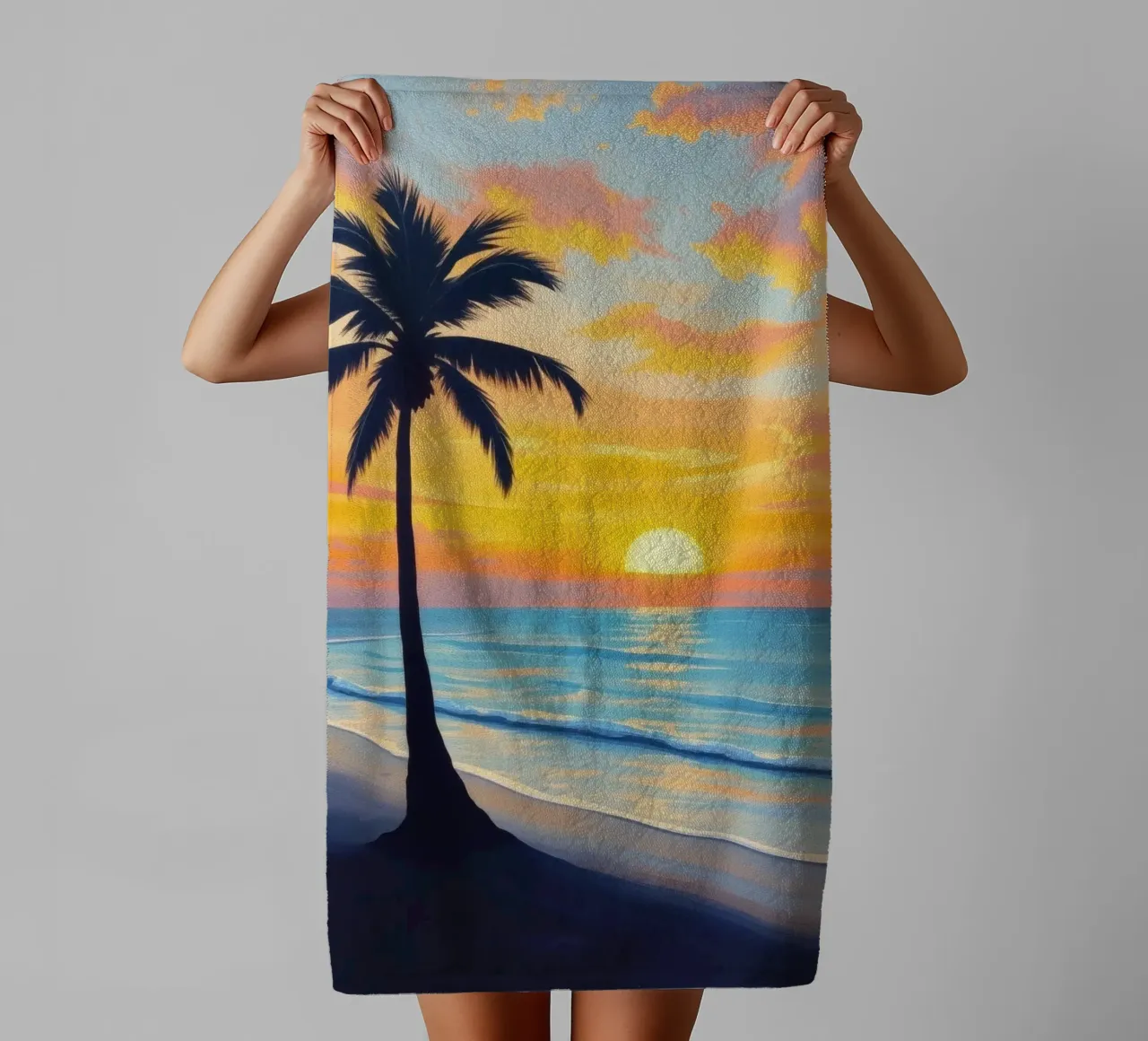 Sunset over the ocean with a lone palm tree on a beach towel by DesignDoodle