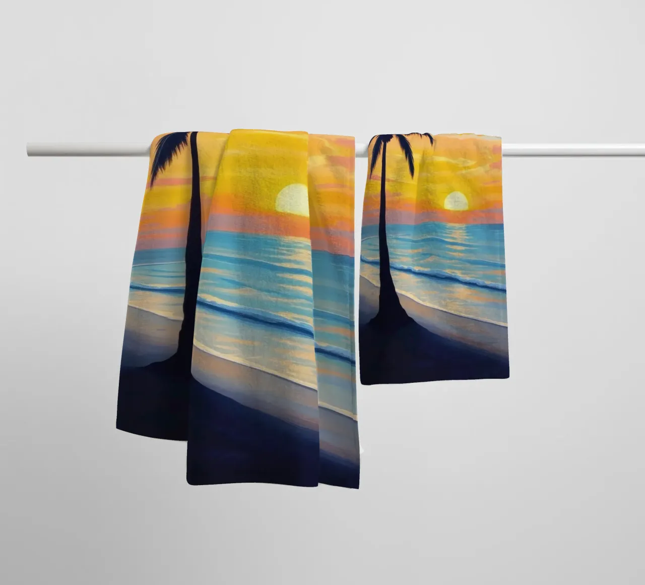 Sunset over the ocean with a lone palm tree on a beach towel by DesignDoodle