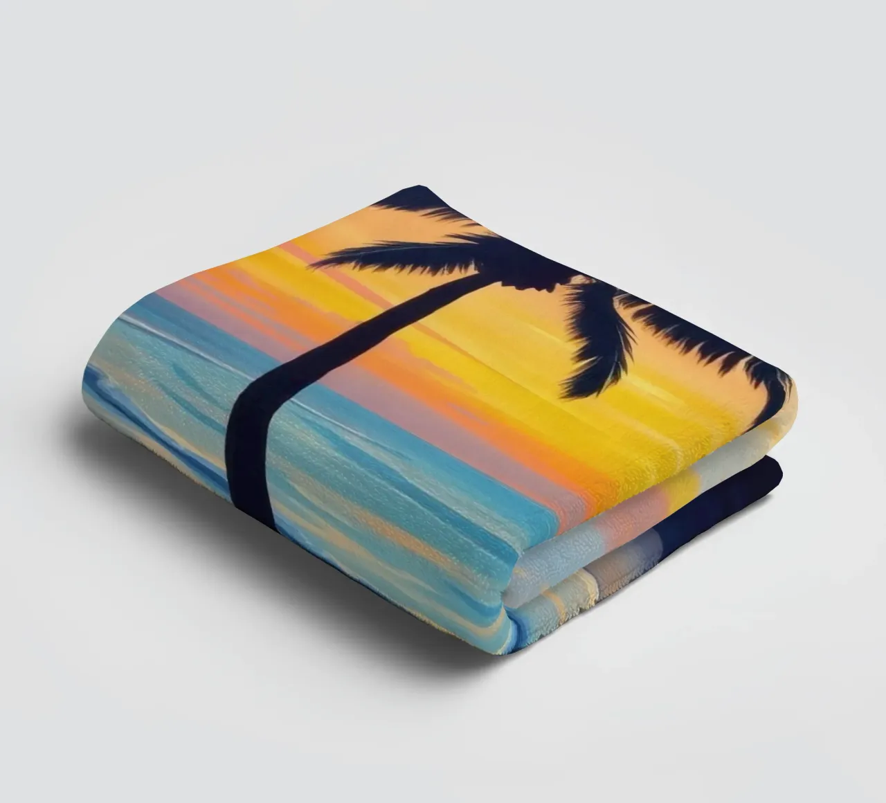 Sunset over the ocean with a lone palm tree on a beach towel by DesignDoodle