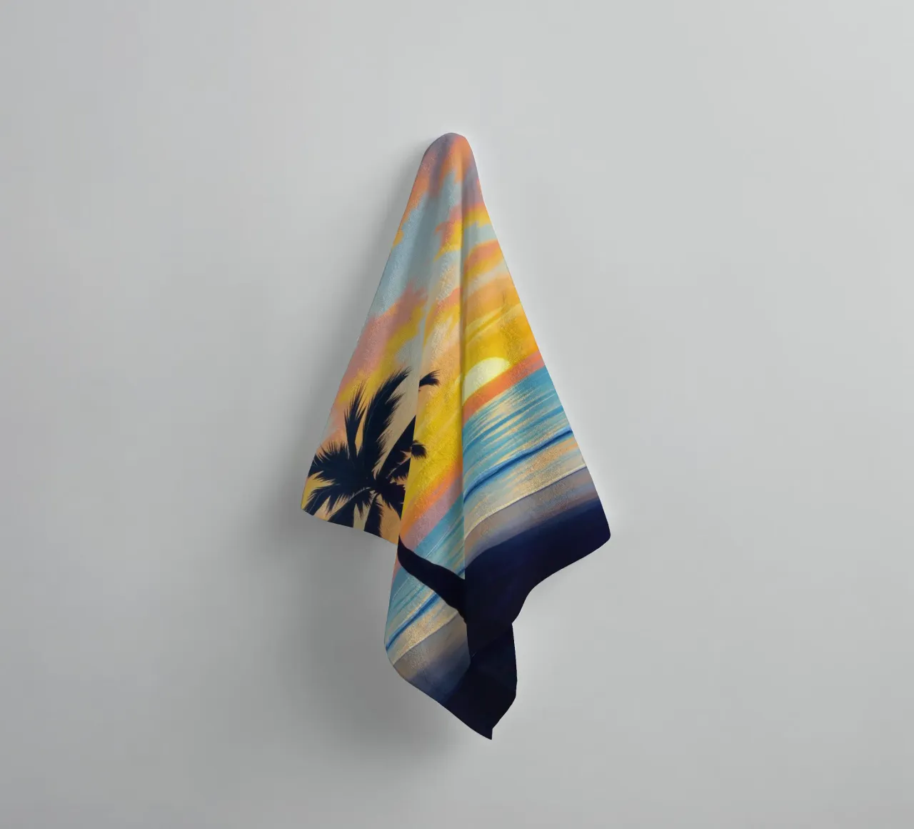 Sunset over the ocean with a lone palm tree on a beach towel by DesignDoodle