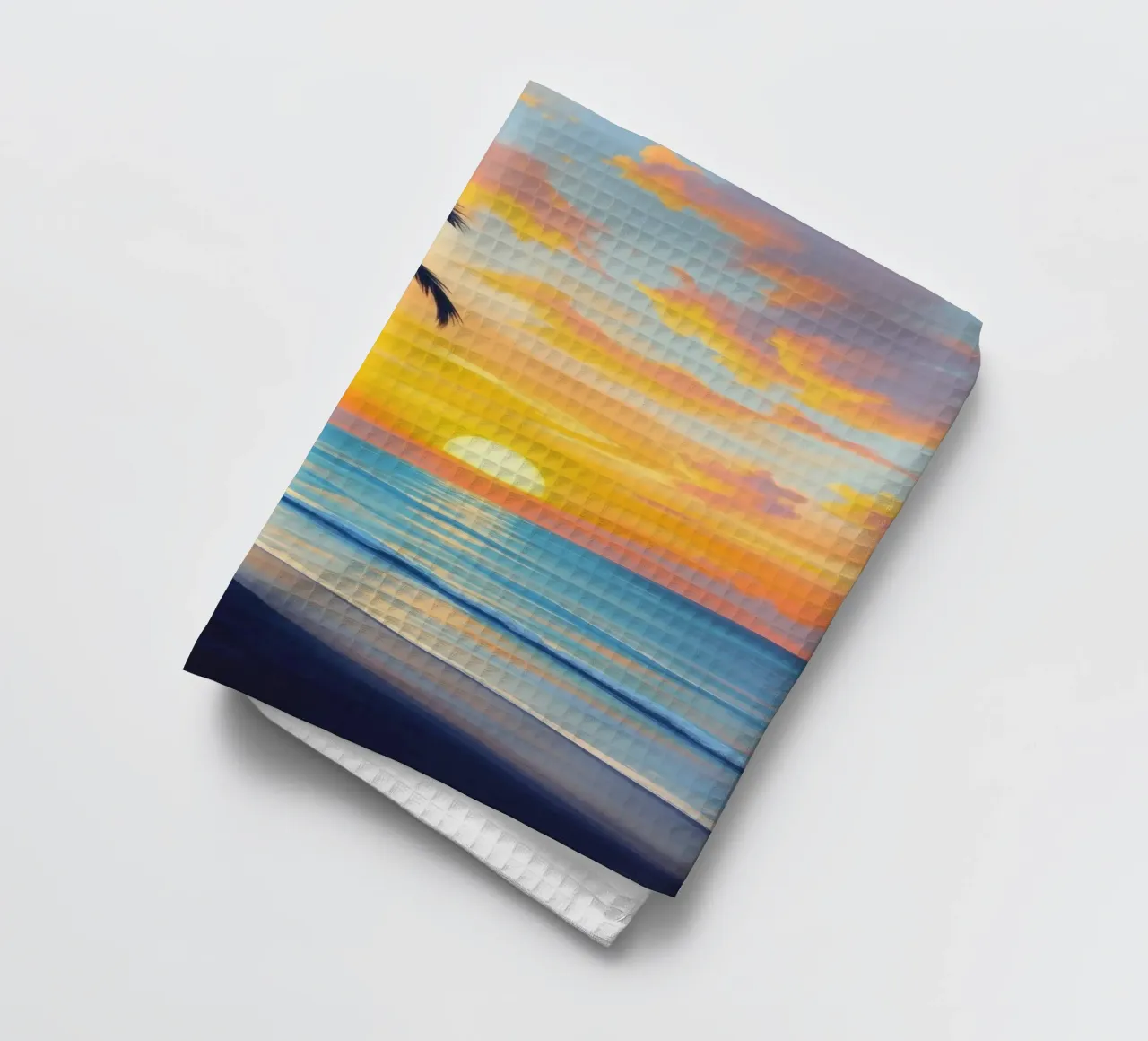Sunset over the ocean with a lone palm tree on a beach tea towel by DesignDoodle