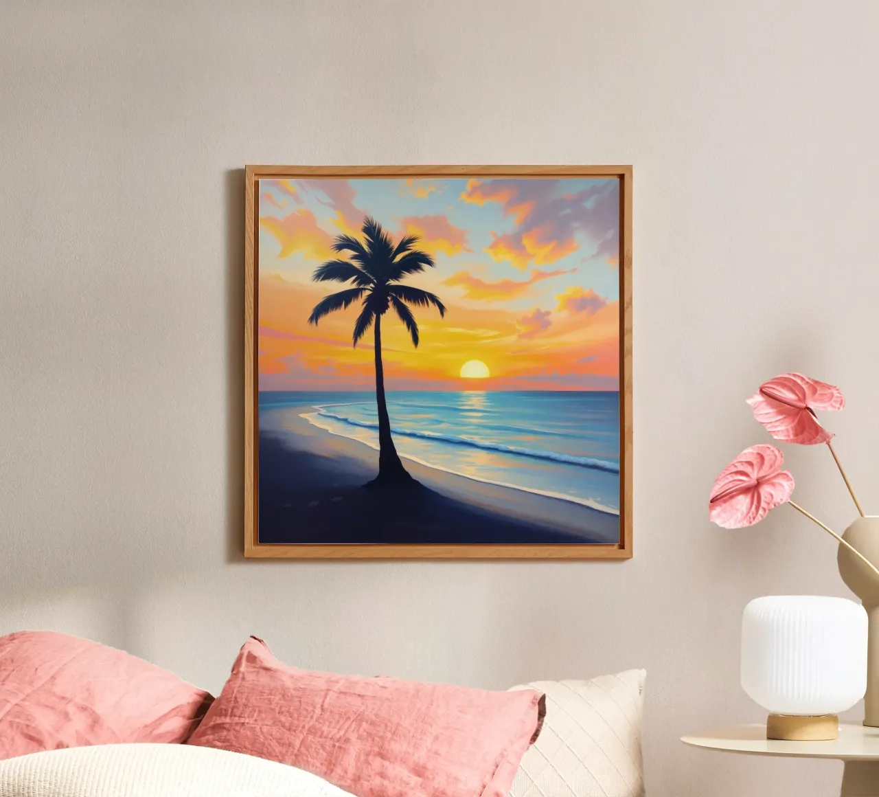 Tramonto sull'oceano con una palma solitaria sulla spiaggia alluminio dibond da DesignDoodle