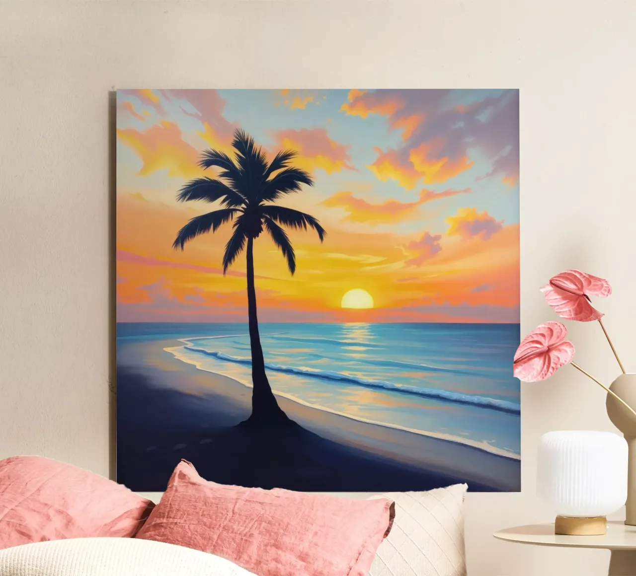 Tramonto sull'oceano con una palma solitaria sulla spiaggia alluminio dibond da DesignDoodle