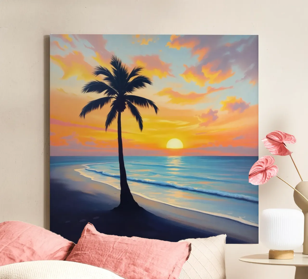 Sunset over the ocean with a lone palm tree on a beach canvas by DesignDoodle