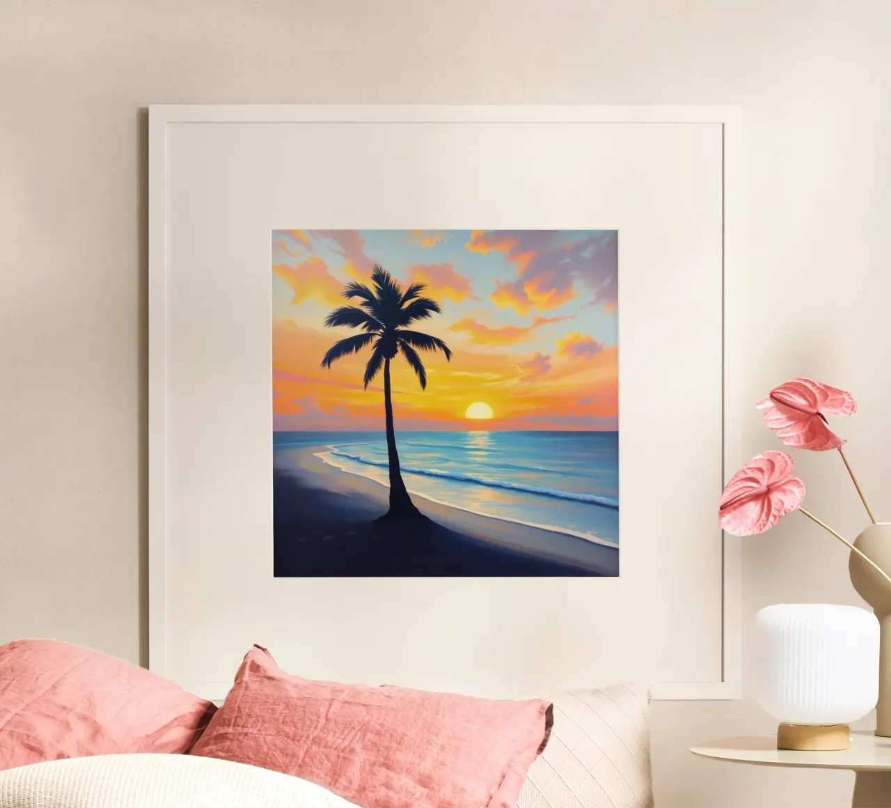 Sunset over the ocean with a lone palm tree on a beach hahnemühle by DesignDoodle