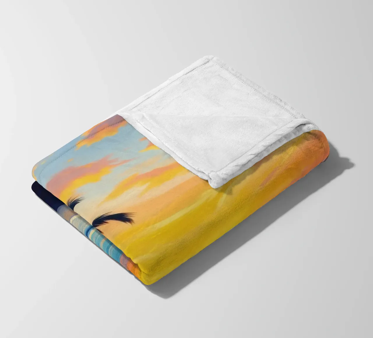 Sunset over the ocean with a lone palm tree on a beach fleece blanket by DesignDoodle