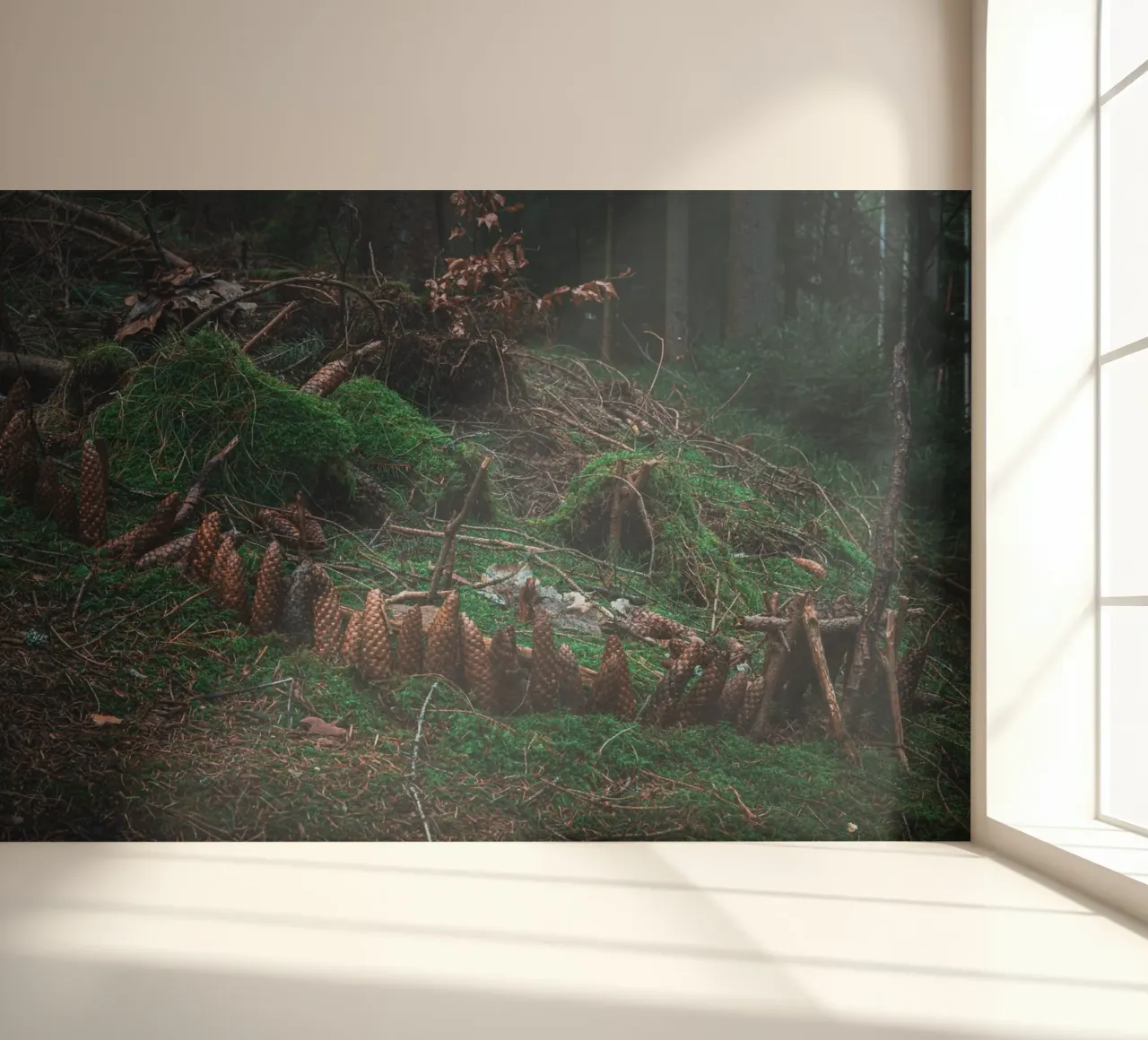 Small structure made of moss and pine cones in the Thuringian Forest photo wallpaper by Marcus Beckert | Fotografie
