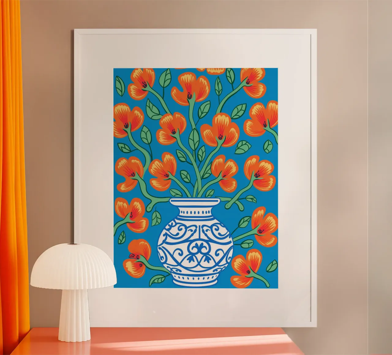 Pianta d'appartamento molto fiorifera nei colori arancio e blu poster con telaio in legno da Autofocus
