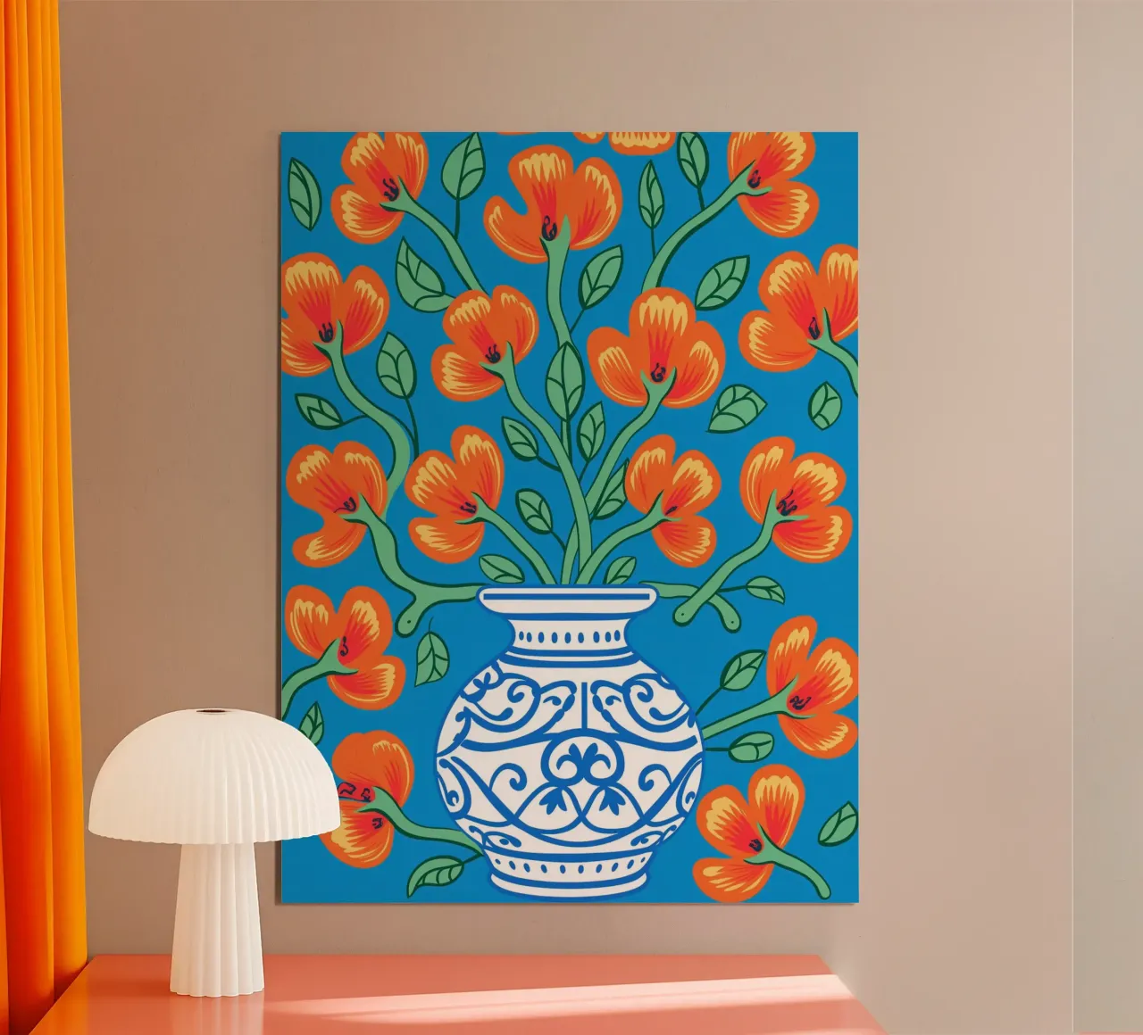 Pianta d'appartamento molto fiorifera nei colori arancio e blu poster con telaio in legno da Autofocus