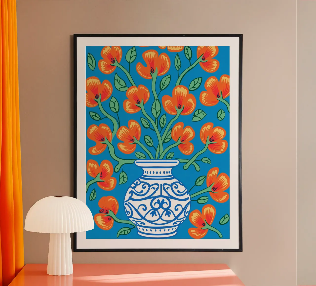 Pianta d'appartamento molto fiorifera nei colori arancio e blu poster con telaio in legno da Autofocus