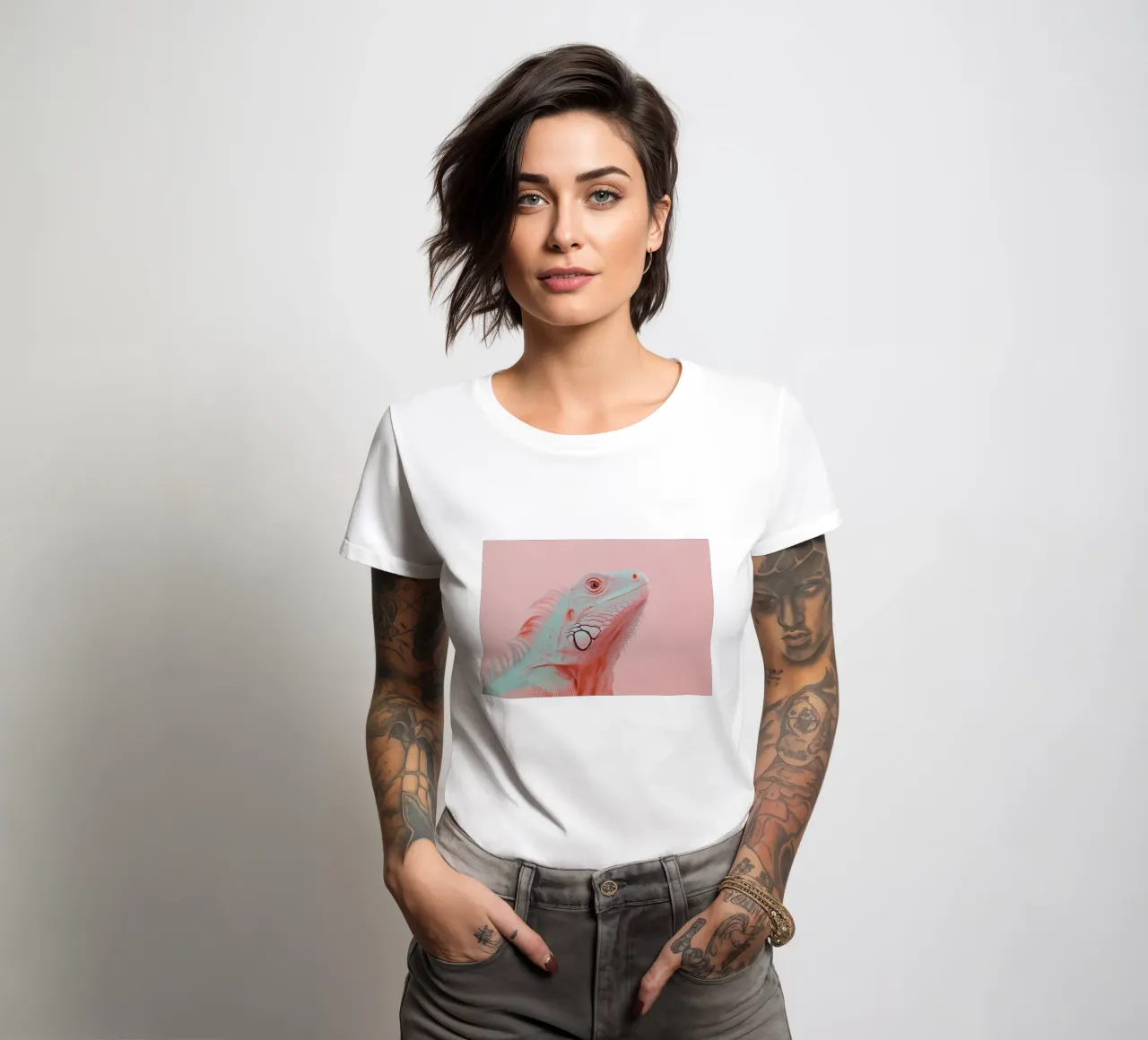 Pink iguana portrait women's fitted t-shirt by Carinaprint