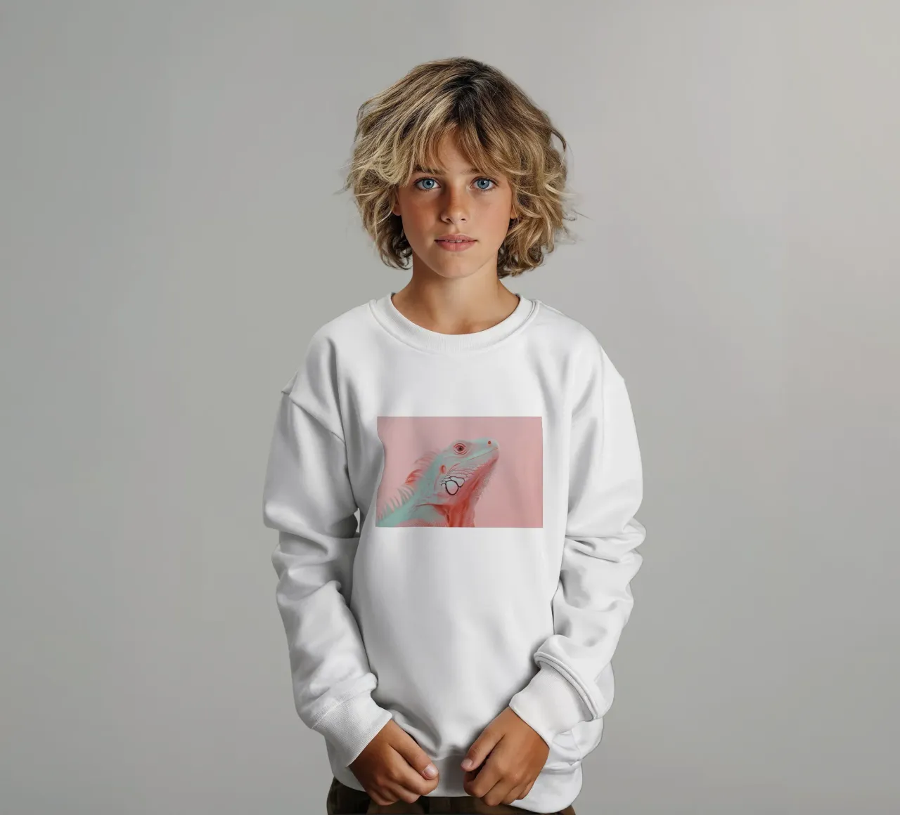 Pink iguana portrait kids sweatshirt by Carinaprint