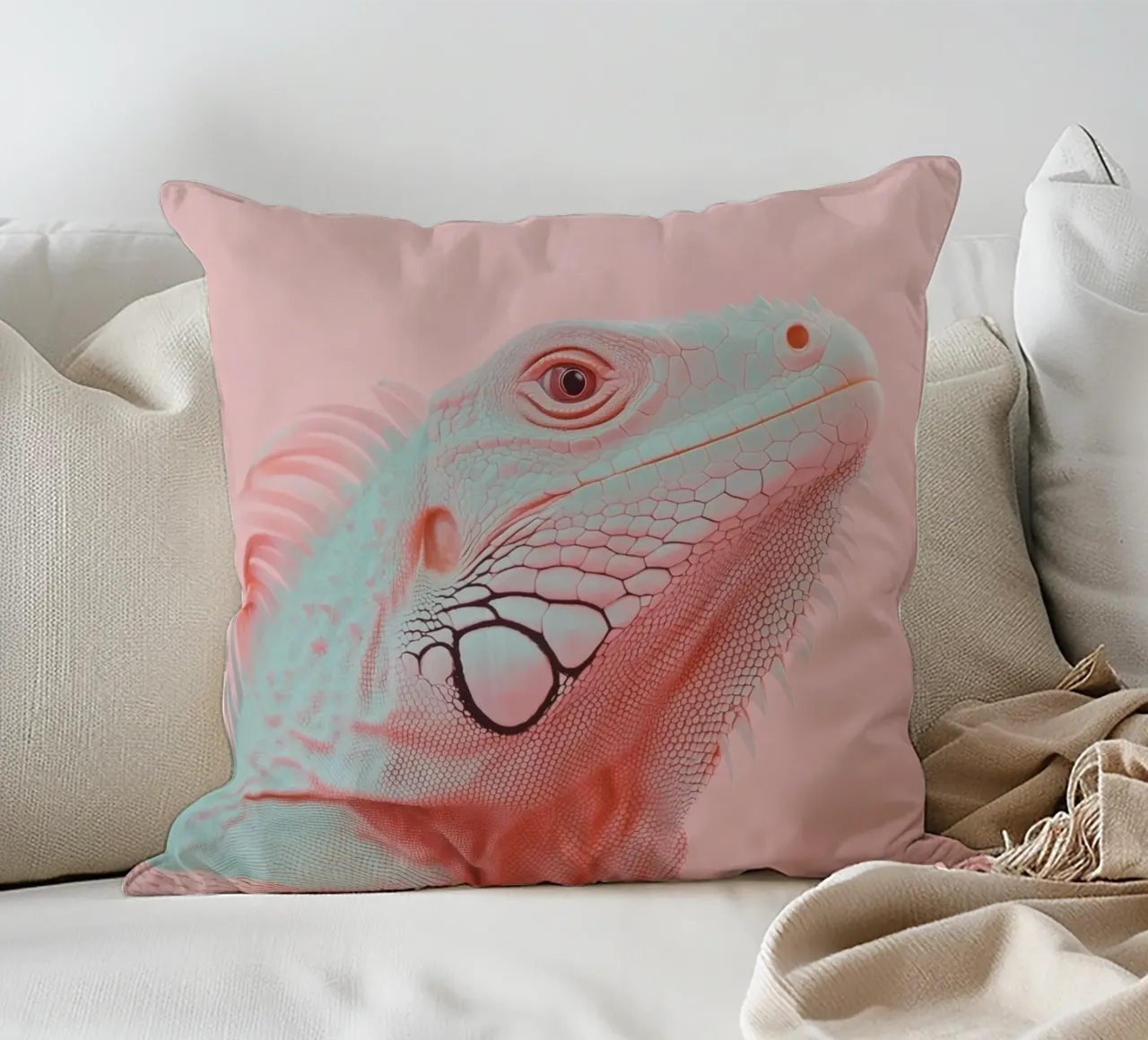 Pink iguana portrait decorative cushion by Carinaprint