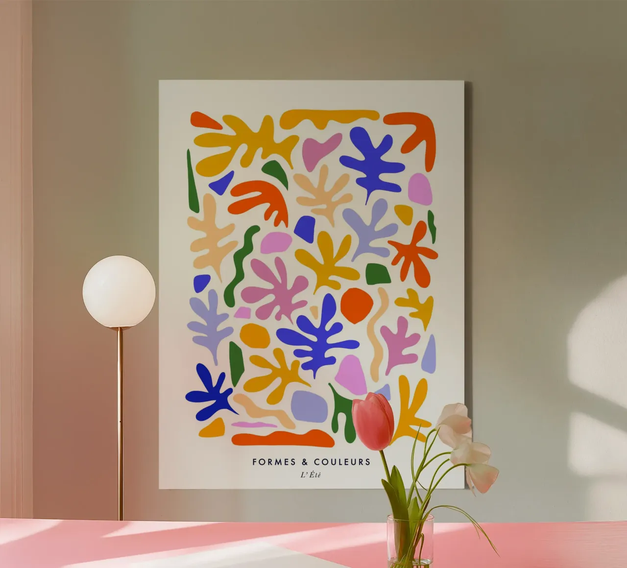 Op Matisse geïnspireerde organische vormen & zomerkleuren canvas met Baklijst van Dominique Vari