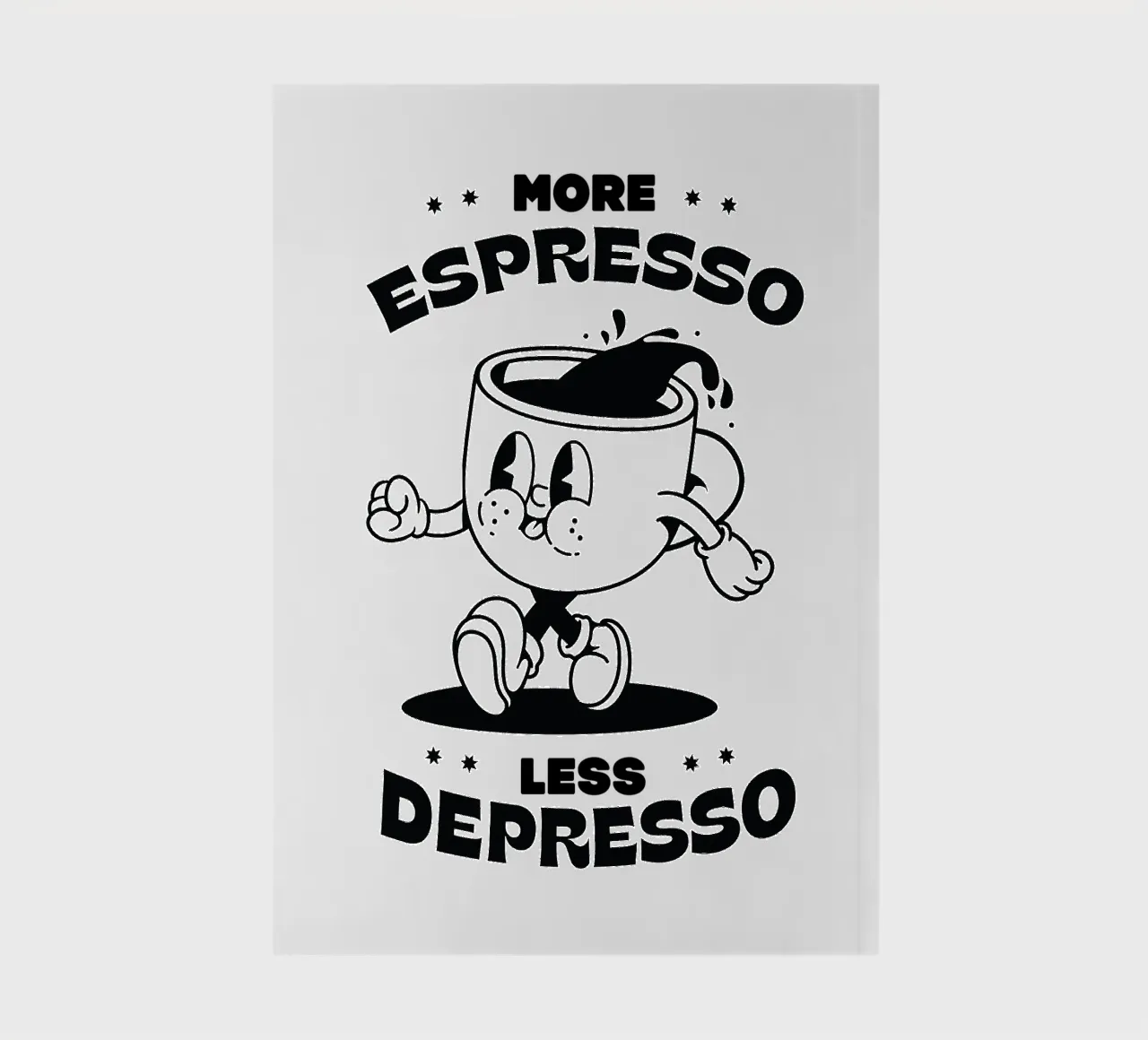 Mehr Espresso, weniger deprimiert, Retro Cartoon Kaffee Zitat Notizbuch von Peaches Art Prints