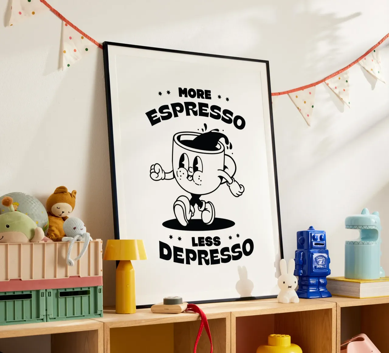 Mehr Espresso, weniger deprimiert, Retro Cartoon Kaffee Zitat Hahnemühle von Peaches Art Prints