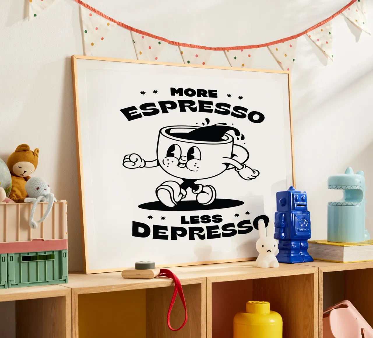 Mehr Espresso, weniger deprimiert, Retro Cartoon Kaffee Zitat Hahnemühle von Peaches Art Prints