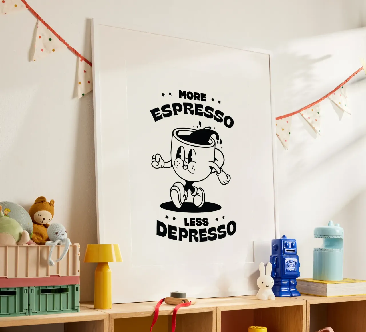 Mehr Espresso, weniger deprimiert, Retro Cartoon Kaffee Zitat Hahnemühle von Peaches Art Prints