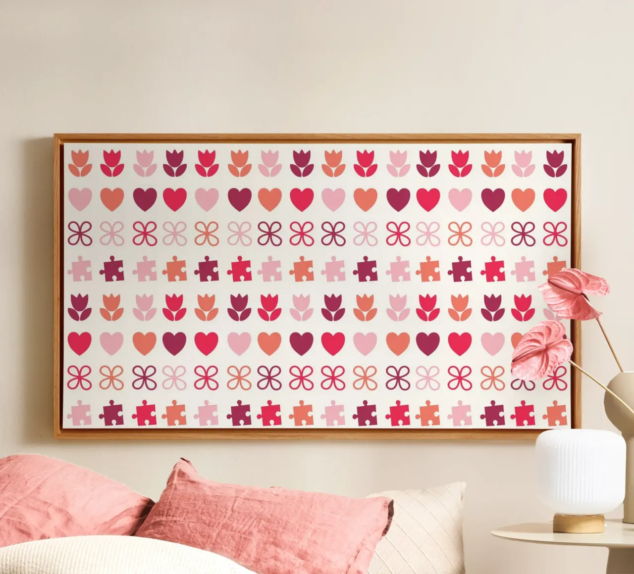 Design di San Valentino. Colori viola e rosa, simboli d'amore tela da CreatedbySon