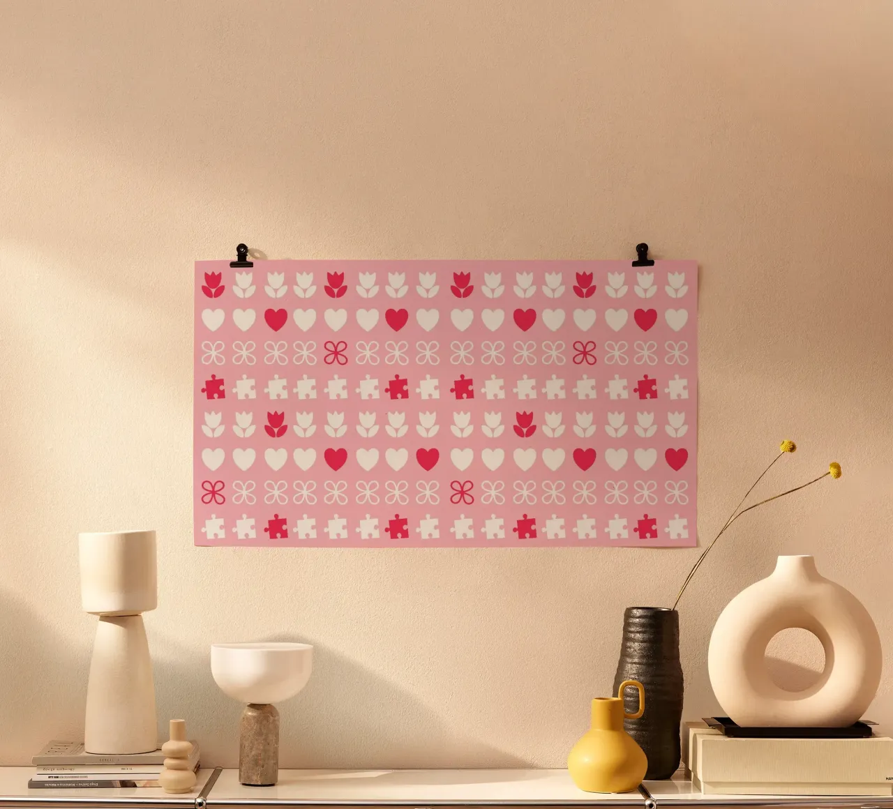 Disegno di San Valentino. Colori rosa e bianco, simboli d'amore poster con telaio in plastica da CreatedbySon