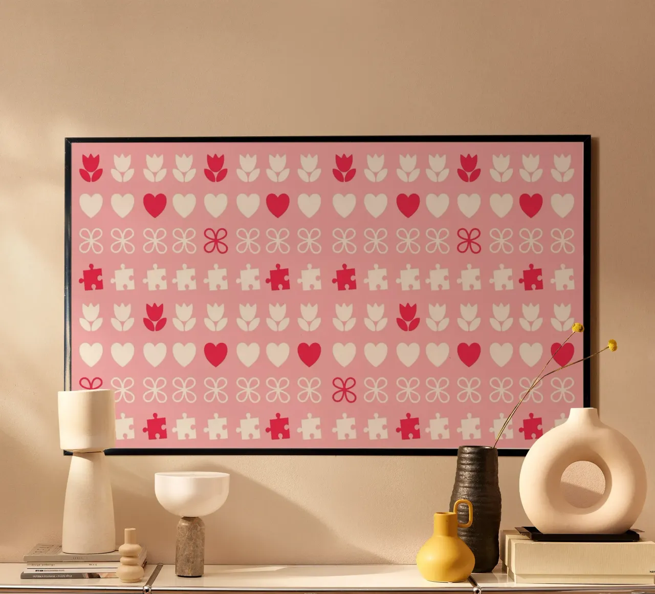 Disegno di San Valentino. Colori rosa e bianco, simboli d'amore poster con telaio in plastica da CreatedbySon